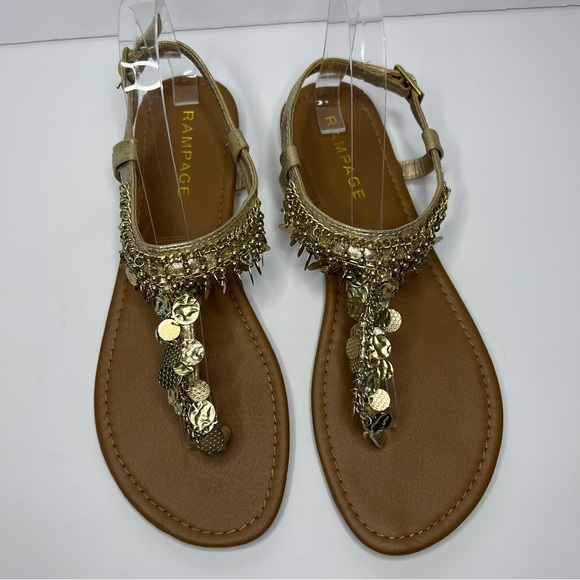 Rampage Jiffy Gold‎ Metal Charm Flat Sandal Thong Toe ankle strap Women's 9.5 - Picture 3 of 13